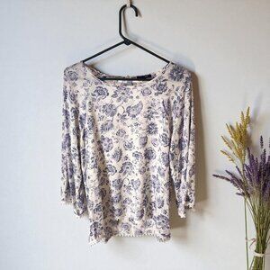 Papermoon Floral Blouse – Blue White Boho Print Lace Trim Top Sz L